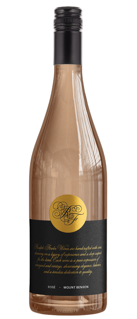 Bottle of Mount Benson Rosé wine with a gold label on a white background